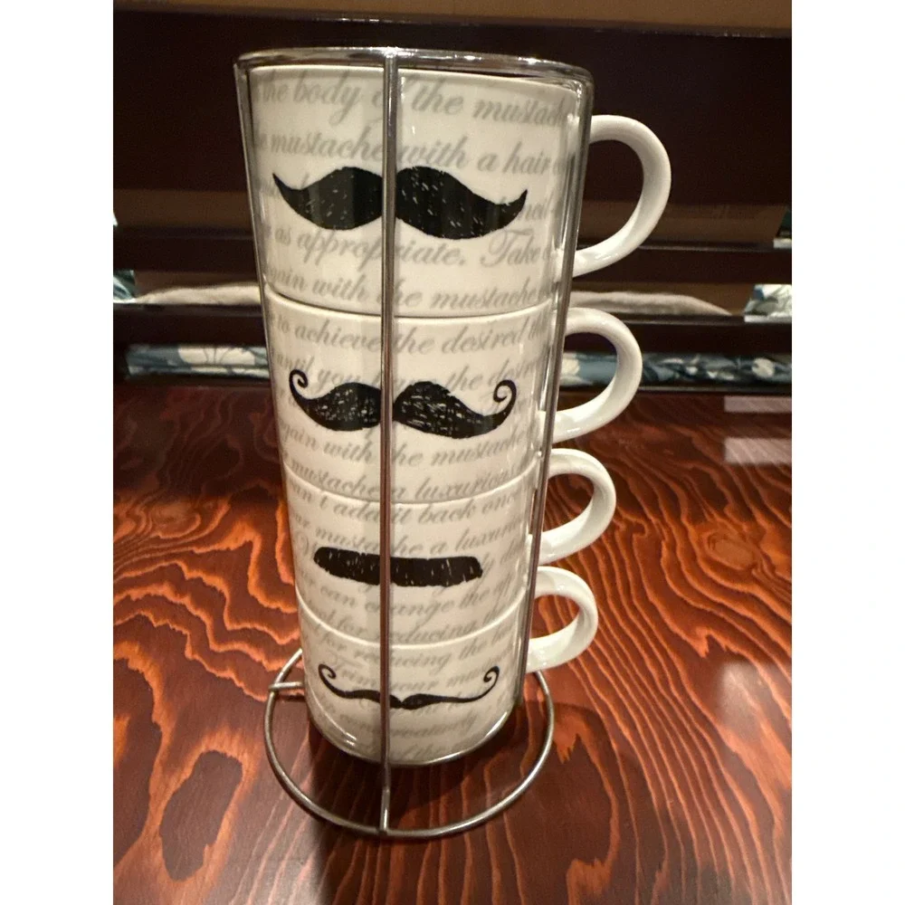 Pier 1 Imports Mustache Stacking Mugs Porcelain Set of 4 with Metal Rack White